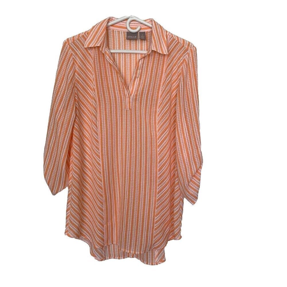 Chico’s 1 Size US 8 Orange White Stripe Popover Top Tunic Blouse Roll Tab Sleeve